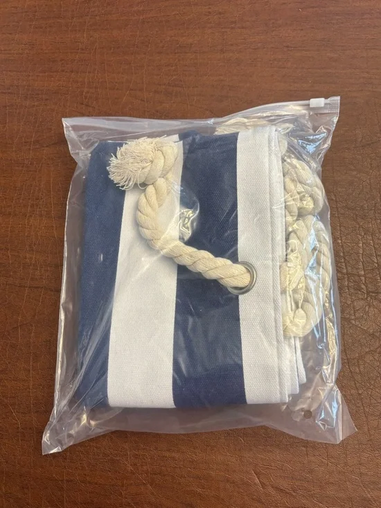 Navy Blue and White Striped Canvas Tote Bag with Rope Handles - Picture 4 of 5